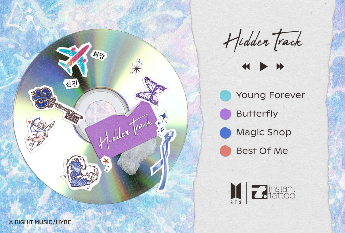 InstantTattoo's tweet photo. BTS | InstantTattoo™
3rd Edition #HiddenTrack

Hint for the New Drop!
Young_Magic_Best_Butterfly 💜

2021.6.23 AM 11:00 Coming Soon
Only Available at #weverseshop and #InstantTattoo Homepage

@bts_bighit @bighit_merch
@weverseshop
#방탄소년단 #인스턴트타투
#BTS #BTS_HiddenTrack https://t.co/fYHmH2MJ5n