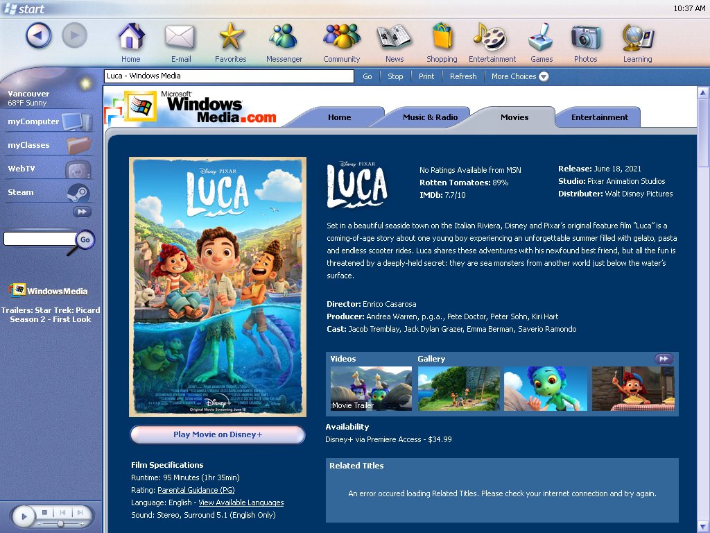 Diegotheartist3's tweet photo. I haven't made an MSN/Blackcomb mockup for a while, so here's a new one! Concept depiction if WindowsMedia still existed today, providing info on movies (in this case, #lucamovie), and allowing the ability to play the movie from a different media. #MSNExplorer #WindowsMockup https://t.co/UYpoawIex5