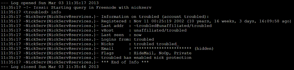 troubledaemon's tweet image. Sad to reconnect to #Freenode only to find out that they blew away nick/channel registrations!
Almost made it 20 years! I was on there for a while until I registered, though. I even donated $100 to lilo (founder) for a cloak before it was all self serve!
To old times! 🍻