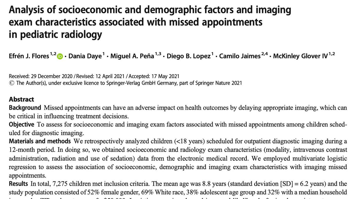 Thankful to have contributed to the work of imaging missed care opportunities by @EJFloresMD & @DaniaDaye:'IMCOs take into consideration the influence of SDoH in access to appointments and the role of the health care system in facilitating them- @PedRadJournal'#RadRes #medtwitter