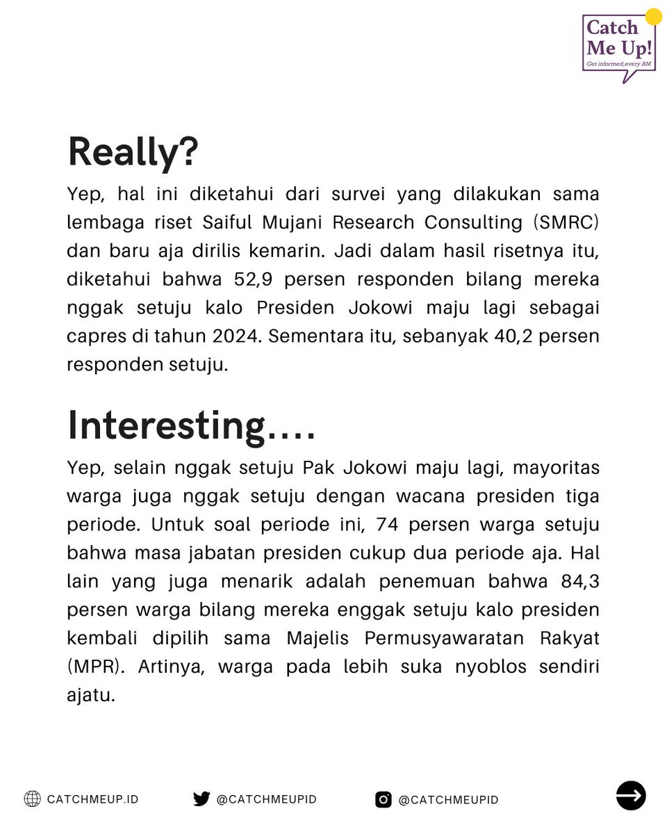 catchmeupco's tweet photo. Sejumlah lembaga survei juga sudah merilis data survei tokoh-tokoh yang memiliki elektabilitas untuk jadi capres. Balik ke topik 3 periode lewat manuver #JokPro emang bisa? https://t.co/445miHZcKr