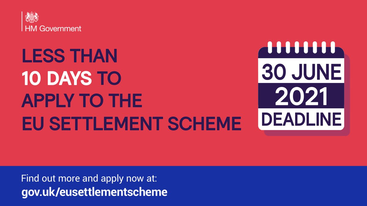 If you’re an EU citizen &amp; were living in the UK by 31st December 2020, you must apply to the EU Settlement Scheme.  If you miss the deadline, you could lose your existing rights to live and work in the UK.
‼️The deadline is 30th June 2021‼️
Apply here gov.uk/eusettlementsc…