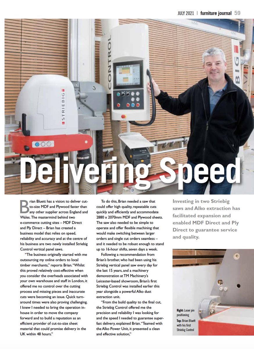 Brian Bluett has a vision: to deliver cut-to-size #MDF and #Plywood faster than any other supplier across England and Wales. At the centre of his business are 2 Striebig #wallsaws. Read the full story in July's #FurnitureJournal or on our website >>> tmmachinery.co.uk/installations/