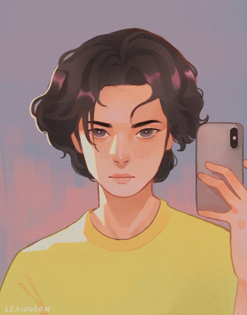 solo 1girl yellow shirt shirt phone holding short hair  illustration images