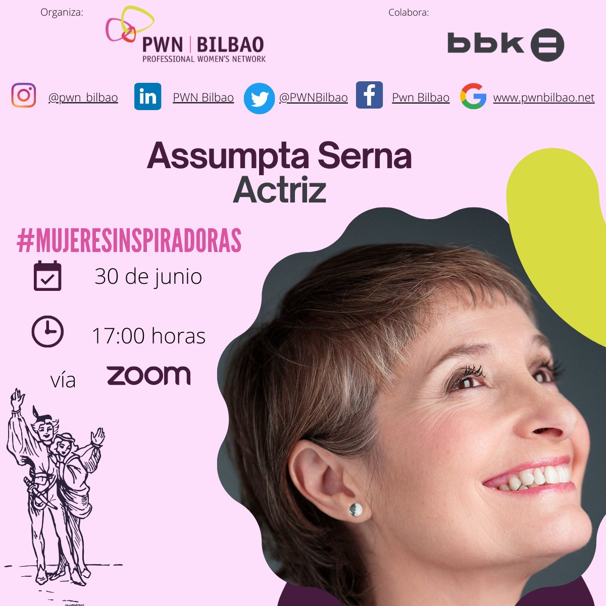 ¡Nueva sesión de #mujeresinspiradoras!  
Hablaremos de cultura con:  <a href="/AssumptaSerna/">Assumpta Serna</a> : actriz, presidenta de AIECAU y de la Fund First Team. Fundadora en 2020 de la comunidad Familia de cine.  
Mas info:cutt.ly/Pn1fRUj 
Apúntate: cutt.ly/Hn1ggpQ 
Colabora:<a href="/BBK_eus/">BBK Fundación Bancaria</a>