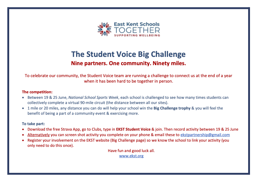 HerneBayHigh's tweet photo. Our partner schools in the @EKSTpartnership are competing in the Big Challenge as part of National School Sports Week. We need your help HBHS students to win the Big Challenge Trophy!
Full details on how to get involved at https://t.co/BaXv2I2NJo https://t.co/2KFdBNrgez