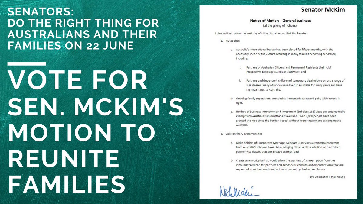GrantVisas's tweet photo. Reunite Australians with their fiancé(e)s. Ask your Senators to vote for @NickMcKim Motion tomorrow!! https://t.co/Ff4smO3Mpb