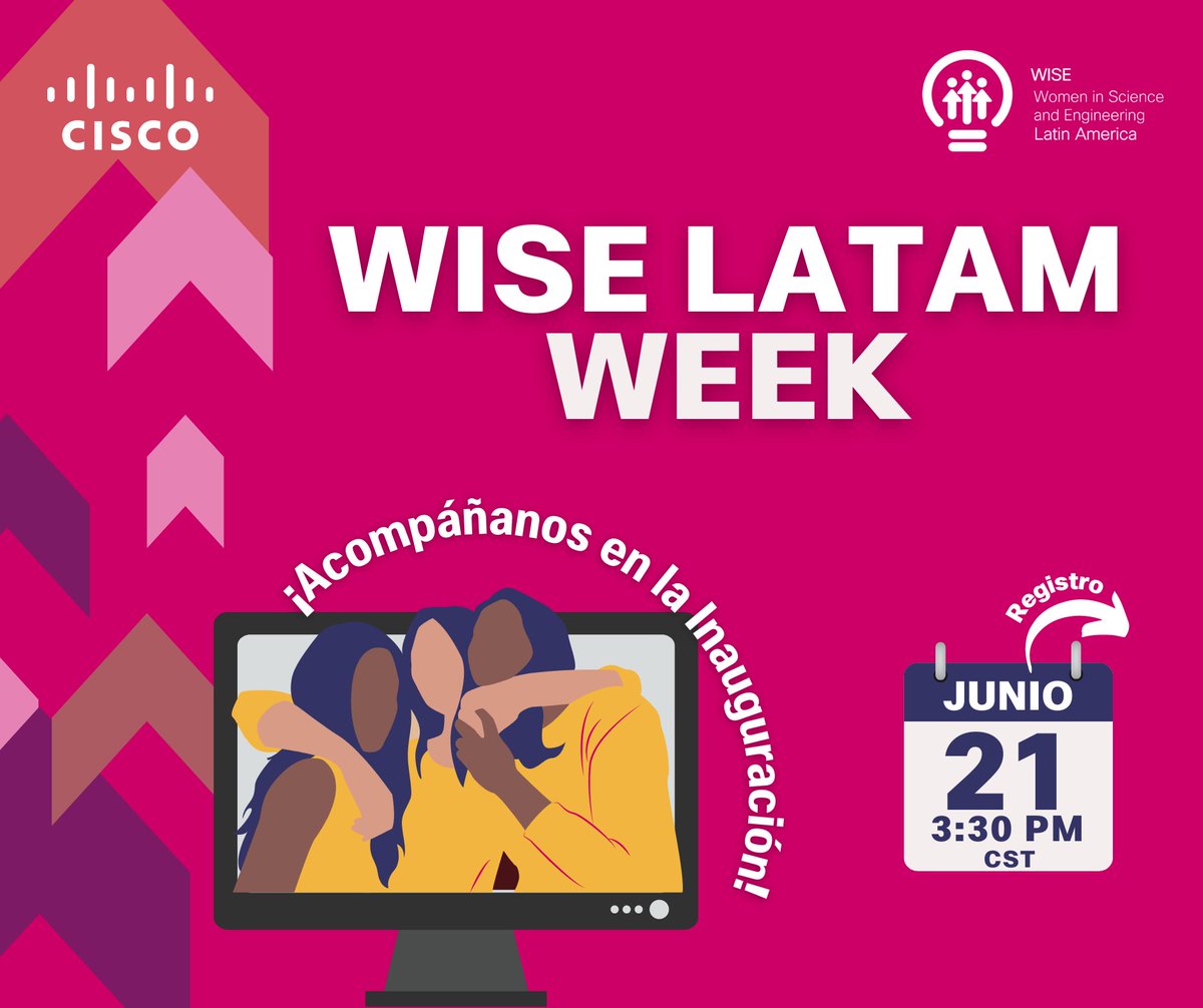 wiselatam's tweet photo. ¡Hoy arranca la WISE LATAM Week! 🎉 ¿Ya te registraste? Acompáñanos a seguir inspirando a más niñas, jóvenes y mujeres en STEM. Pasa la voz 😉 #CiscoWISELatamWeek #CiscoWomenInTech #ReducingTheGenderGap #Cisco #WeAreCisco #LoveWhereYouWork #WomanInTech https://t.co/1hKh3Za418