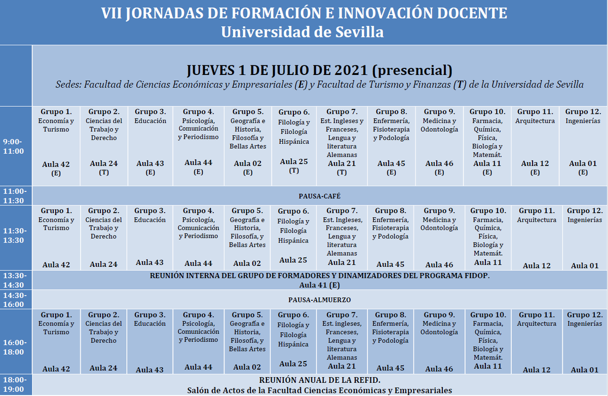 FIDOP_US's tweet photo. Ya tenemos el Programa definitivo de las VII Jornadas de Formación e Innovación Docente del profesorado de @unisevilla. 📅Recuerda que el jueves,1 son sesiones presenciales en @FceyeUs y @us_ftf y el viernes,1 será  online. https://t.co/5WTUMvQeff
