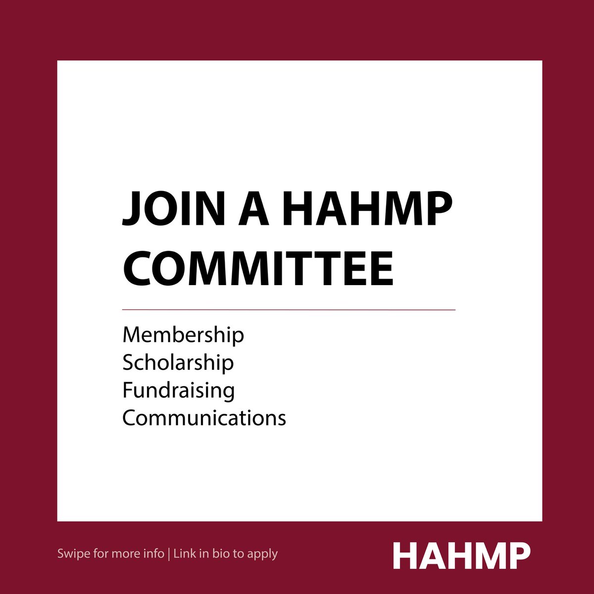 HAHMPonline's tweet photo. We're looking for bright students and professionals to join our committees! Volunteer to assist with HAHMP membership, scholarships, fundraising and communications duties. Apply at the link: 
https://t.co/OFuqatyval https://t.co/Keg7jk3ujR