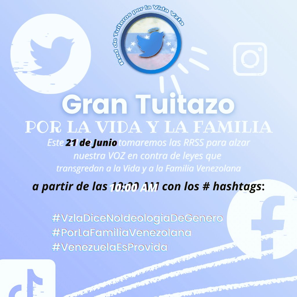 Listo para alzar la voz por nuestra familia venezolana

#Lunes #21Jun y #martes #22Jun
Contra:
La ideología de género
El aborto 
Eutanasia

<a href="/OrdenVzla/">Movimiento Nacionalista ORDEN</a>
<a href="/DCiudadanaV/">Derecha Ciudadana</a>
<a href="/conservadorvzla/">Movimiento Conservador de Venezuela</a> 
<a href="/YorbisEP/">📣Ágatha Esparragoza</a> 
<a href="/UnidosxlaVidaCo/">Unidos por la Vida Colombia</a> 
<a href="/erich_aragort/">Pbro. Erich Aragort</a> 
<a href="/tamarapuyol/">Tamara Puyol</a> 
<a href="/redprovidamx/">Red Pro Vida de México 💙</a> 
<a href="/RedFamilia/">Red Familia</a>