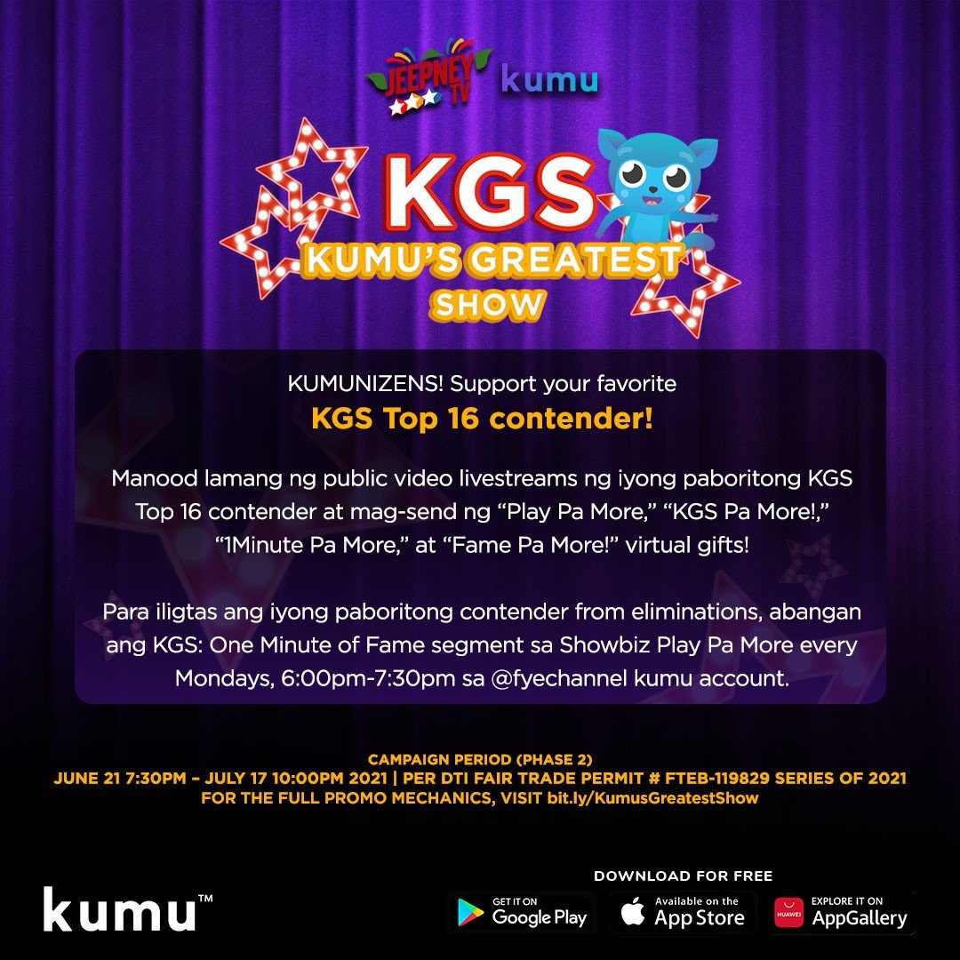 Suportahan ang inyong paboritong KGS Top 16 Contender! Abangan sila ngayong June 21, 6 PM. 

Per DTI Fair Trade permit no. FTEB -119829 series of 2021
Promo Period: MAY 26, 2021 | 6:30PM TO SEPTEMBER 13, 2021 | 7:30PM
For the full promo mechanics, visit: bit.ly/KumusGreatestS…