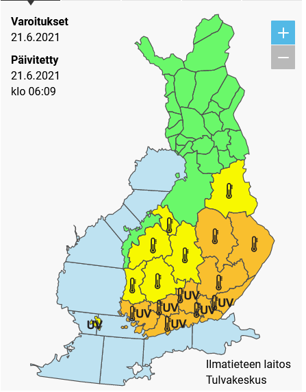 meteorologit's tweet photo. Etelässä koettiin kuluvan vuoden ensimmäinen #trooppinenyö eli yölämpötila ei paikoin laskenut alle 20°C. Päivällä etelästä nousee vieläkin kosteampaa ja helteisempää ilmaa, joten varoituskartta on täynnä kesäisiä ilmiöitä #helle #uv #metsäpalo #rajuilma #rankkasade #tuuli #sää https://t.co/KxqKevmcgU