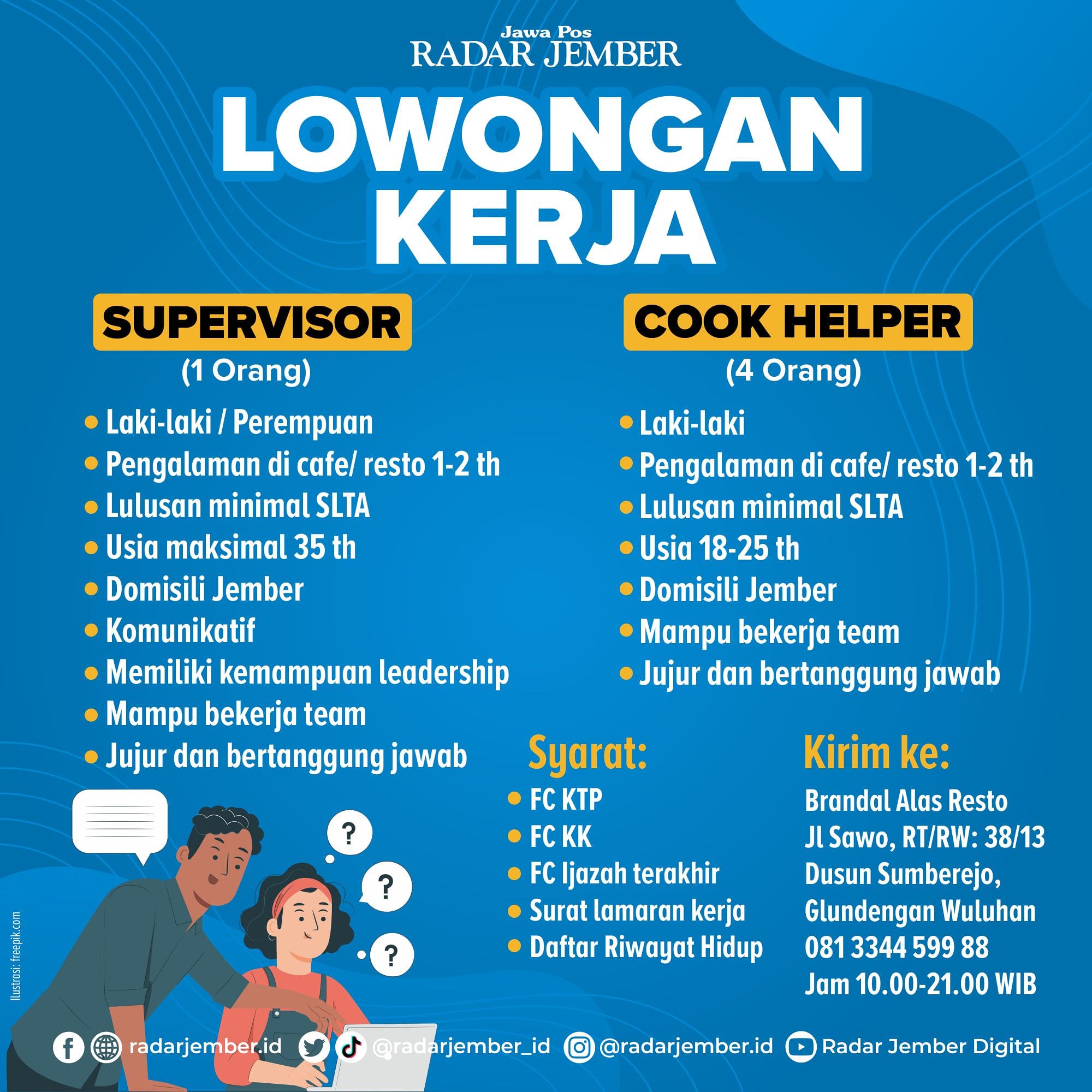 à¦Ÿ à¦‡à¦Ÿ à¦° Radarjember Id Info Loker Brandal Alas Resto Wuluhan Sedang Membuka Lowongan Kerja Supervisior Cook Helper Syarat Dan Ketentuan Berlaku Baca Di Gambar Atas Kirim Lamaran Anda Ke Alamat