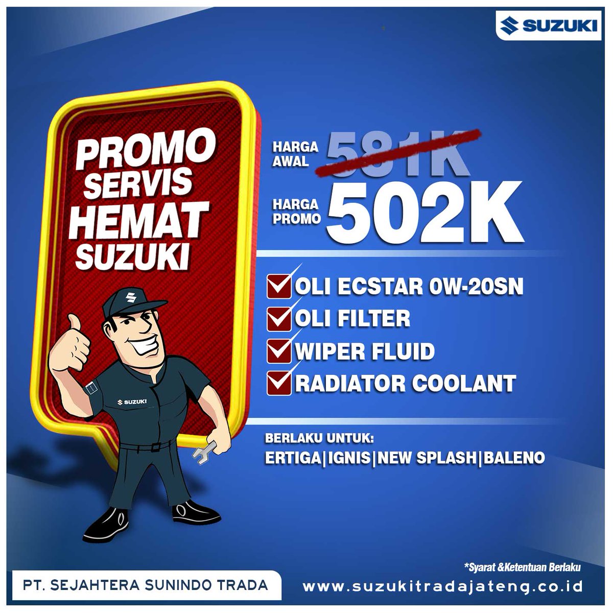InfoSuzukiSmg's tweet photo. Setelah Liburan Hari minggu dan hari raya Bulan lalu, pastinya mobil Suzuki Family butuh diRefresh dengan perawatan berkala, Agar performa dan kenyamanan Mobil Suzuki Family Senantiasa Terjaga, Nah, Bengkel Resmi Suzuki ada promo Spesial nih, https://t.co/84LU1pbRic