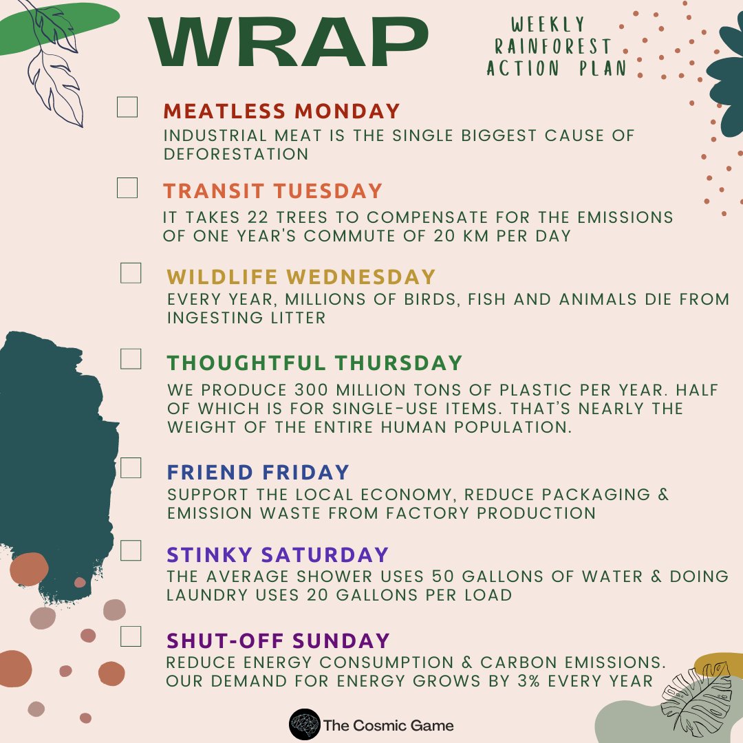 TheCosmicGame1's tweet photo. Save time, water & money while helping save the planet.
You'll be able to find a printable version of the Weekly Rainforest Action Plan on our website tomorrow! Are you up for the challenge?
#thecosmicgame #worldrainforestday #savetheplanet https://t.co/YRGKJfdX4i