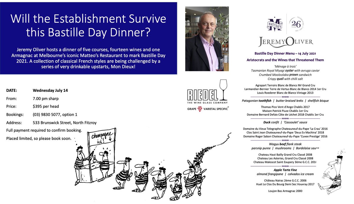 Jeremy_Oliver's tweet photo. At the ultimate Bastille Day Wine Dinner at Matteo's restaurant we will pit superb examples from the French winemaking establishment against others that might  threaten the status quo...
#wine #winedinner #frenchwine #corporateevent #classicwine #restaurant #hospitality https://t.co/RDw7475ueh