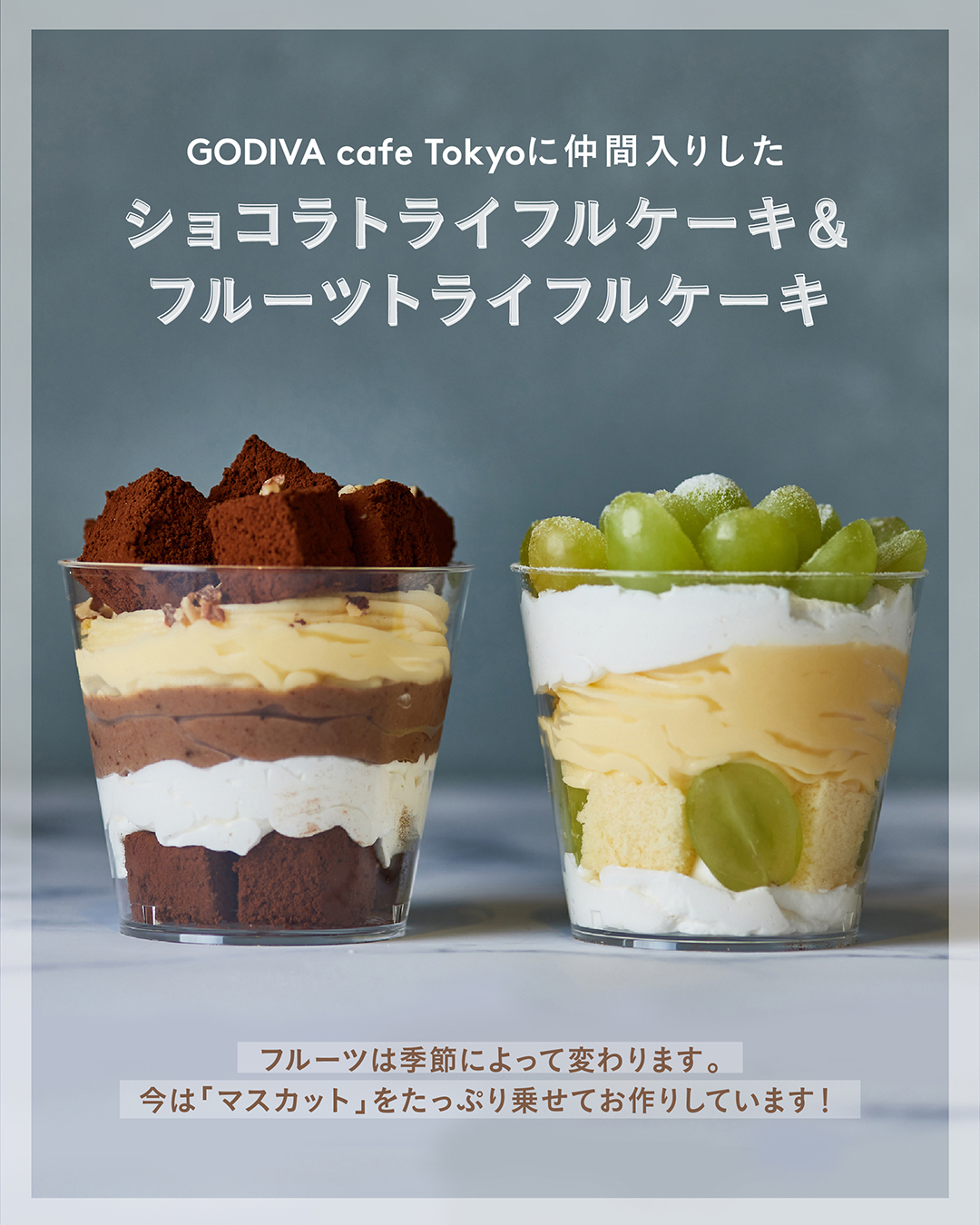 ゴディバ 新たに仲間入りしたショコラトライフルケーキとフルーツトライフルケーキ フルーツは季節によって変わりますのでご注意を 今は マスカット をたっぷり乗せてお作りしています なんとも贅沢 ぜひこの機会にお楽しみください T Co