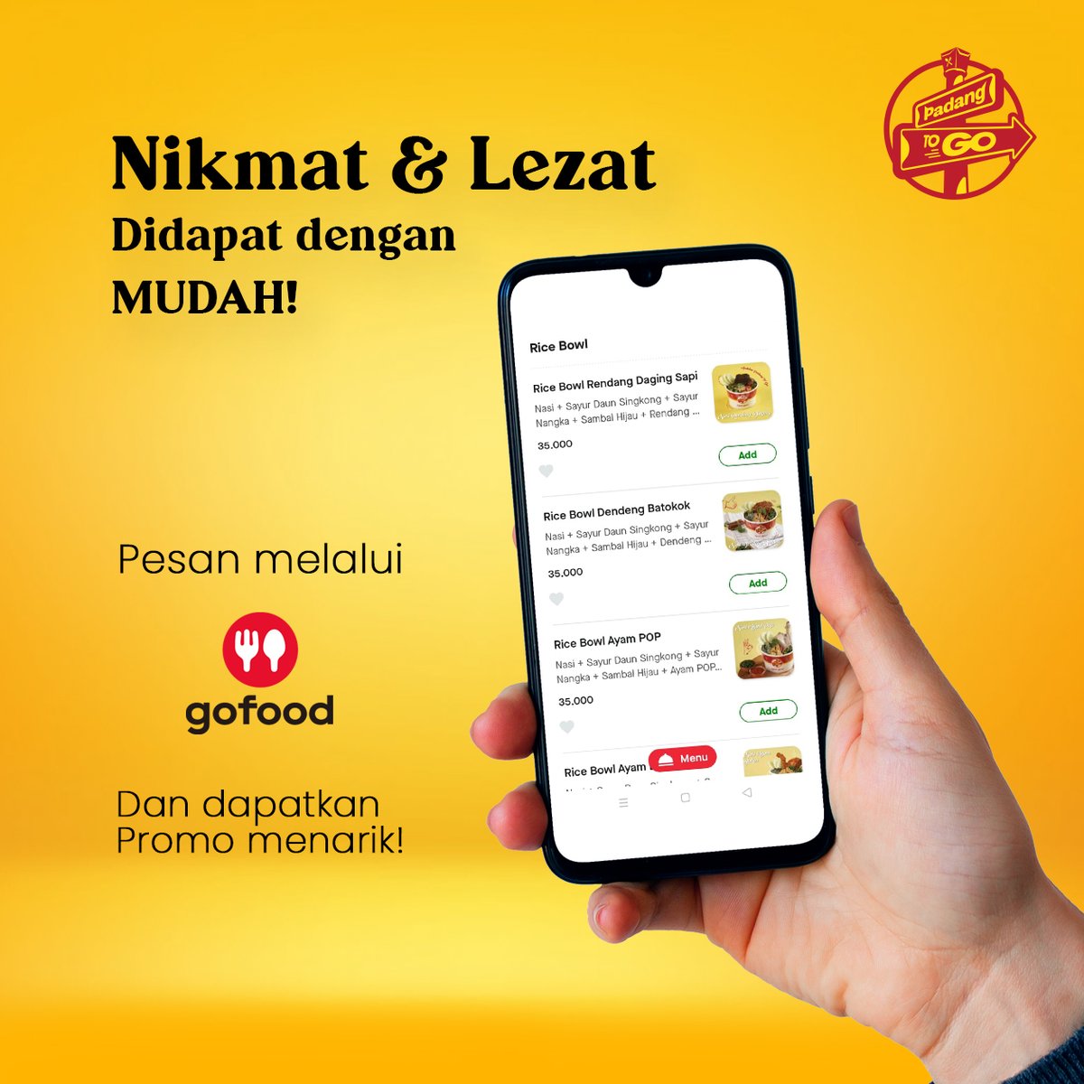 PadangToGo_'s tweet photo. Nikmat dan Lezat didapat dengan MUDAH!

Pesan Padang To Go Sekarang Via Gofood Sekarang!

#padangtogo https://t.co/D999IUsQiR