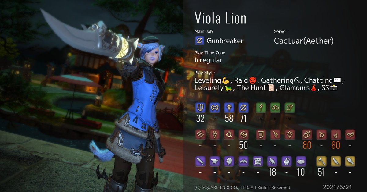 xViolaLionx's tweet photo. Now that I had actual free time to take my time and mess around with the gpose settings I think I really like how this one came out. So going to use this instead for my player card. #Gunbreaker #Cactaur #FFXIV https://t.co/Vqs7xVcvwq
