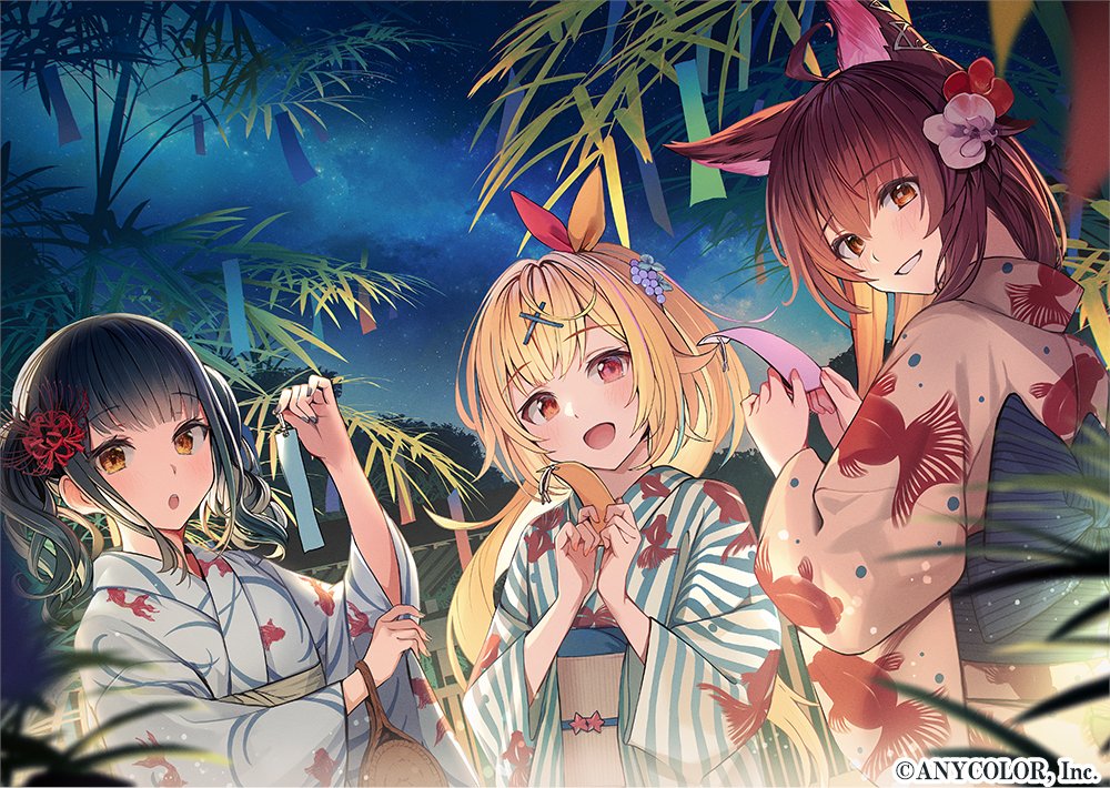 hoshikawa sara 3girls multiple girls japanese clothes kimono blonde hair hair ornament tanabata  illustration images