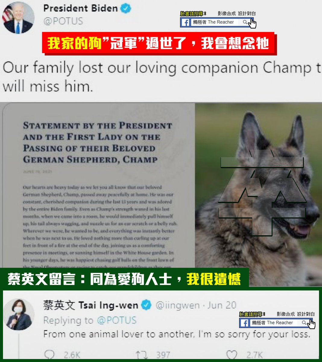 觸極者the Reacher 如果是救過人的英雄犬 在外交上可以悼念 如果只是對方的寵物犬 那非常不恰當 台灣 新冠疫情依舊嚴峻 已超過500人不幸喪生 蔡英文如同小粉絲一樣 第一時間搶發訊息哀悼寵物狗 即便你用 愛狗人士 為藉口 但別忘了你的身分 觸極者the Reacher 如果是救過人的英雄犬 在外交上可以悼念 如果只是對方的寵物犬 那非常不恰當 台灣 新冠疫情依舊嚴峻 已超過500人不幸喪生 蔡英文如同小粉絲一樣 第一時間搶發訊息哀悼寵物狗 即便你用 愛狗人士 為藉口 但別忘了你的身分