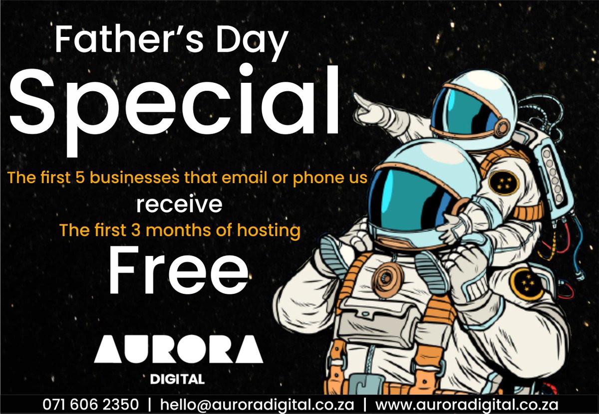 AuroraDigital2's tweet image. Fathers Day Special.

#AuroraDigital #fathersdayspecial #WebsiteDevelopment #WebandEmailHosting #WebMaintenance #LogoDesign #BusinessCards #Flyers #generalbranding #Website #custom #design #development #on-line #marketing #maintenance #hosting #domain #optimized #security