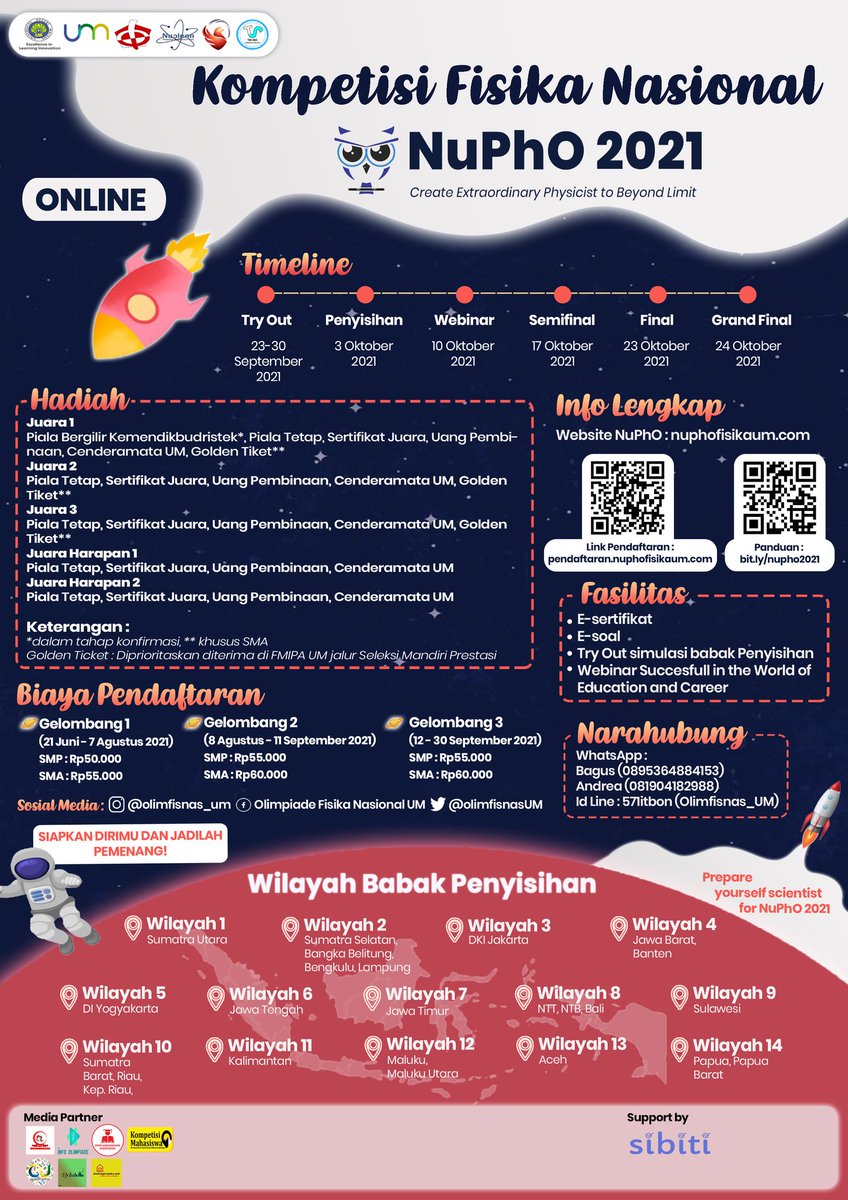 HMJ Fisika Nucleon Universitas Negeri Malang mempersembahkan

✨Kompetisi Fisika Nasional “NuPhO 2021”✨

📍Info selengkapnya dapat dilihat di buku panduan : bit.ly/nupho2021

☎️ Contact Person : 
0895364884153 (Bagus)
081904182988 (Andrea)

#NuPhO2021