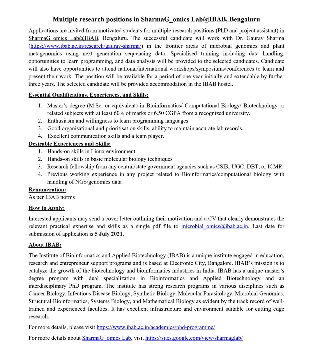sharmaG30's tweet photo. My lab @omics_lab @official_ibab has multiple research positions (Ph.D. &amp; project assistant) to work on some interesting questions in microbial genomics &amp; plant metagenomics.
@VoicesofIndAcad @ResearchSchola6 @AcademicChatter @Sci_ROI @GenomeIndia

Please spread the news. https://t.co/9c93JTElAm