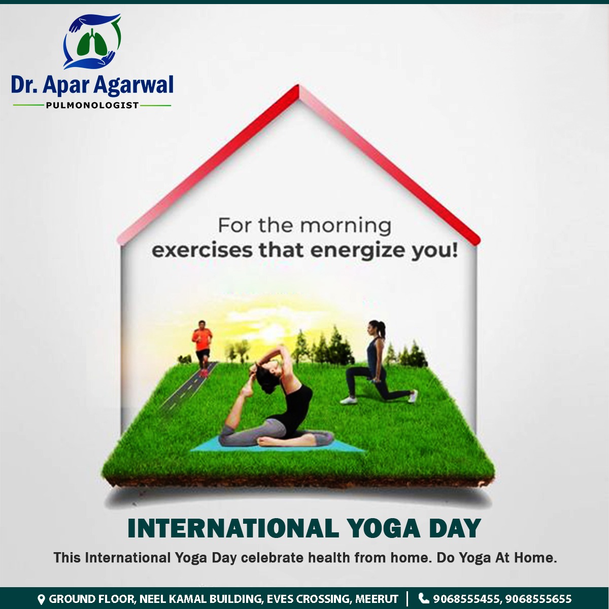 When you perform yoga, you establish a connection between your body and mind and become more aware of yourself. Happy Yoga Day to you.

#YogaDay2021 #InternationalYogaDay #DrAparAgarwal #Meerut #BestPulmonologist #LiveHealthy #HealthyLifeStyle #Workout #COVID19 #COPD #LungCancer