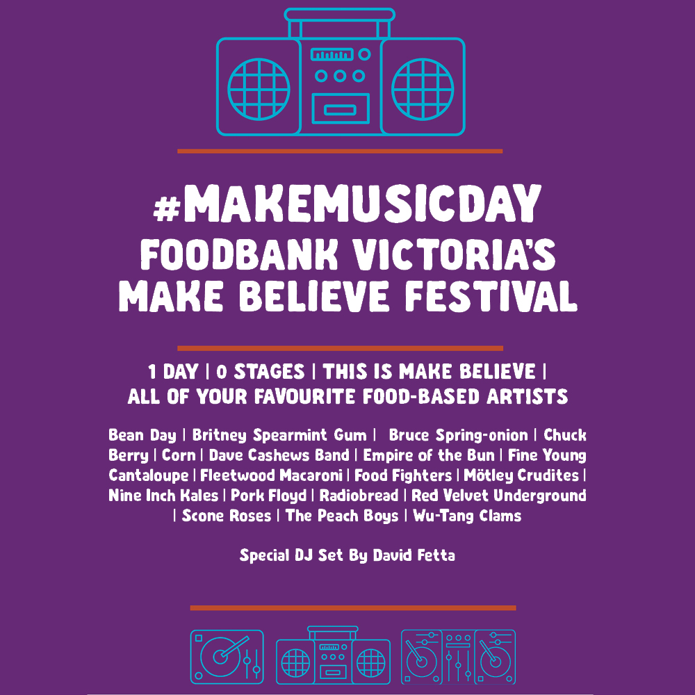 FoodbankVic's tweet photo. Today is #MakeMusicDay and we're creating a make believe music festival full of our favourite artists. Tell us which food-based bands you'd love to see at our festival. #superfoodgroup https://t.co/3WH37Ph4CO