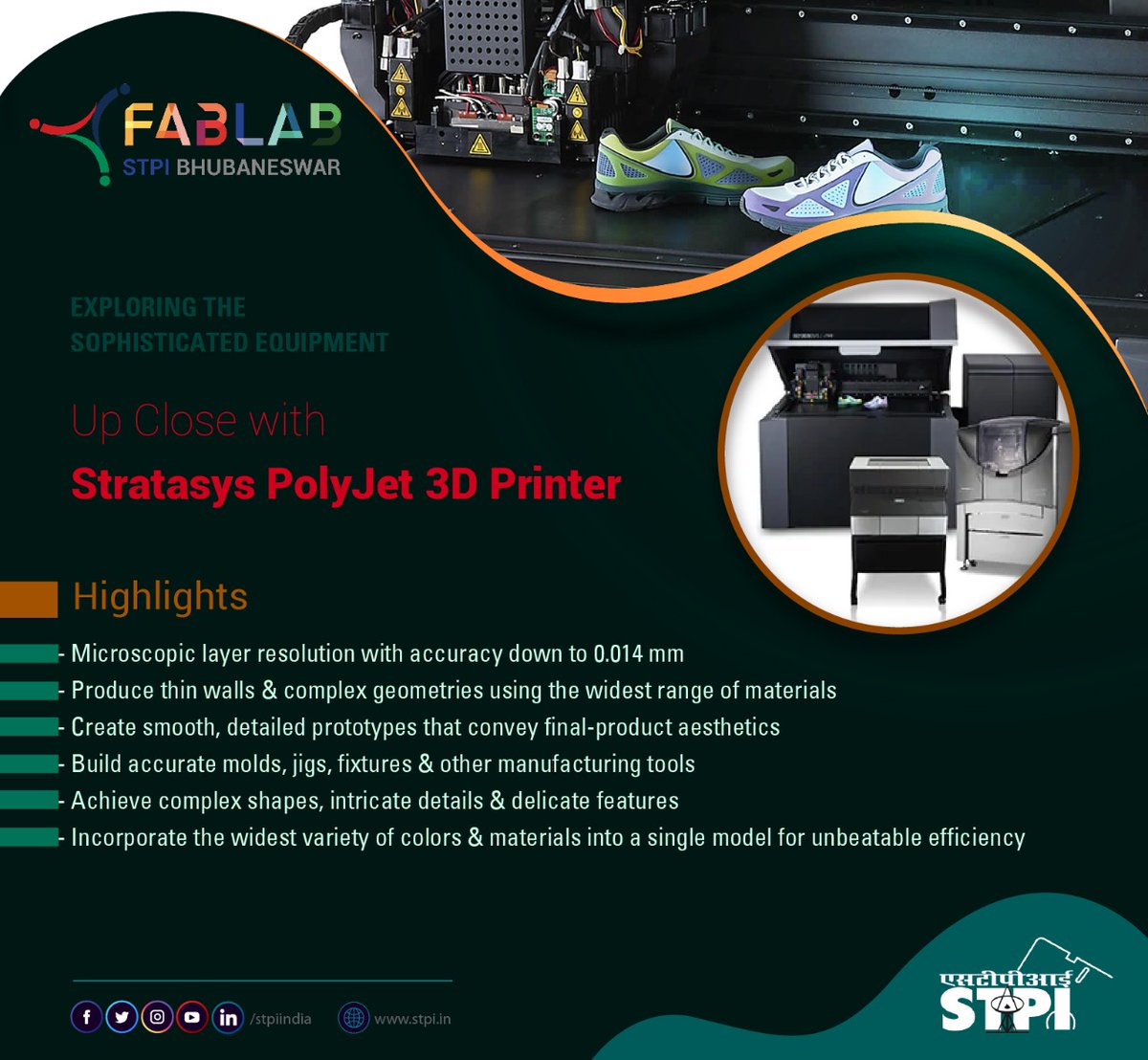 stpiindia's tweet photo. The @Stratasys PolyJet #3DPrinter at #STPIFabLab allows startups to design complex shapes, intricate details & delicate features with diverse colors & materials, achieving microscopic resolution & unbeatable efficiency. Explore: https://t.co/n9QILnrF17 #STPIINDIA #GrowWithSTPI https://t.co/opUdL0Irbm