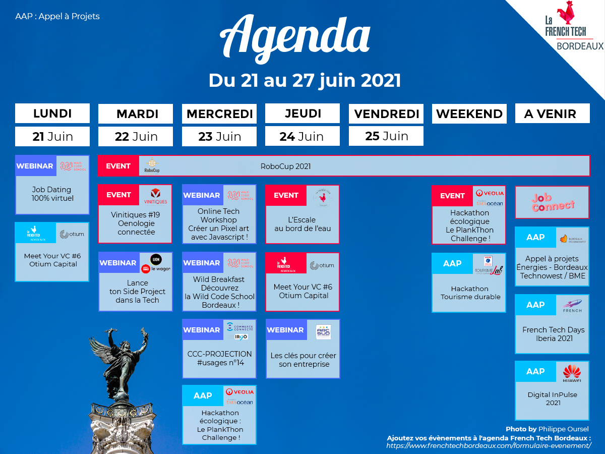 FrenchTechBdx's tweet photo. 🗓 Vos événements #FrenchTech #Bordeaux de la semaine ➡️ #FTCentralBdx, @WildSchool_Bdx, @OtiumCapital, @RoboCup2023, @_JoinLion, @LeWagonBordeaux, @ClubComConnecte, @Veolia_FR, @TaraOcean_, @FrenchTech_Perp, @ademe ... 🔥
Infos 👉 https://t.co/PR7mwbUoLm https://t.co/VuXn8vc38n
