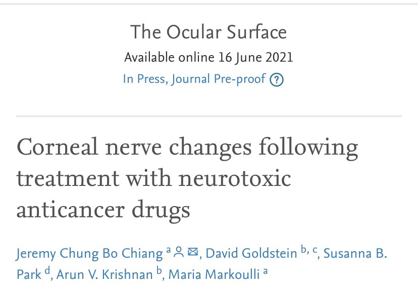 🌊New paper at #OculSurf! We home in on: 

🎯 Challenges with  #chemotherapy-induced peripheral #neuropathy 
🎯 How the #ocularsurface and #cornea could tell us more about #neurotoxicity & peripheral nerve damage 
🎯 Limitations of corneal nerve #imaging 

sciencedirect.com/science/articl…