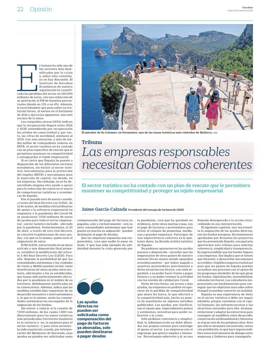“Las empresas responsables necesitan Gobiernos coherentes” artículo de obligada lectura de #JaimeGarciaCalzada presidente del #ConsejoDeTurismo de <a href="/CEOE_ES/">CEOE</a> #SumandoValor #ElTurismoEsLaRespuesta