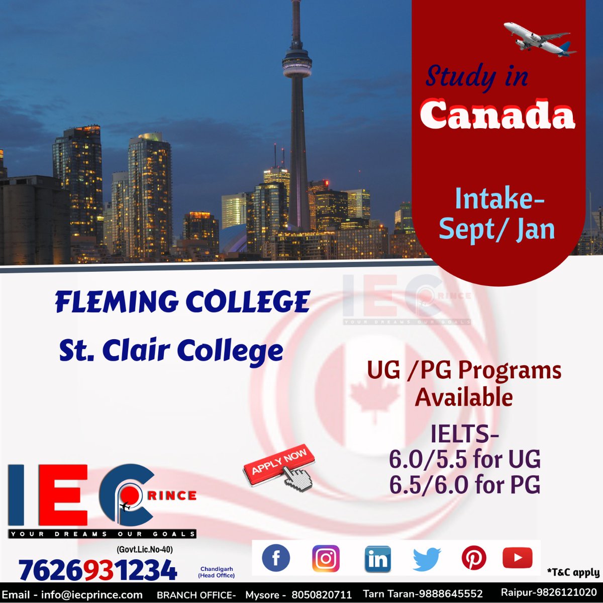 Study in Canada 
Fleming college 
St. Clair College 
Contact 7626931234 

#Canada #StudyAbroad  #StClairCollege #UGPrograms #PGPrograms #FlemingCollege #IecPrince #ConsultantInMohali