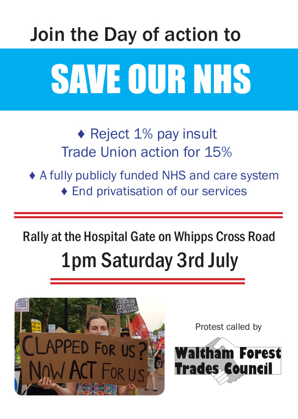 wfpb4p's tweet photo. Save Our NHS - Join the Day of Action - https://t.co/TcscPPlS80
1PM Saturday 3 July
Hospital Gate • Whipps Cross Road
#NHSPay15 #patientsnotprofits #handsoffournhs #nhsnotforsale #keepournhspublic #fairpayfornursing https://t.co/Z2TTMOhqlS