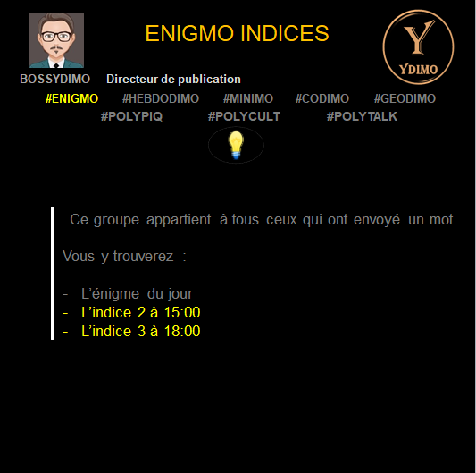 bossydimo's tweet image. #ENIGMO N1-SEM25-ANIMAUX

❓ Attention si l’on s’y frotte !

🎁 Indice 1 – 12:00

🕘 Envoyez vos mots  à @bossydimo 

-----------

#MINIMO M1 - BONUS

❗️ Mal en point.

 🔍  E ...

🕘 Envoyez vos mots à @GYRODIMO 

🏁STOP 19:00