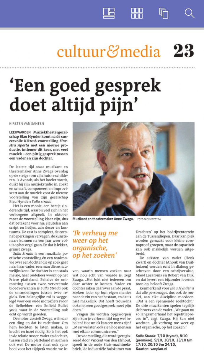 SULLA STRADA in het nieuws! Kirsten van Santen, cultuurredacteur bij de LC, kwam langs voor een gesprek met artistiek leider Anne Zwaga en schreef dit prachtige artikel. SULLA STRADA 7 t/m 24 oktober in de Sluisfabriek in Drachten. Heb jij al tickets? bit.do/Tickets-Sulla-…