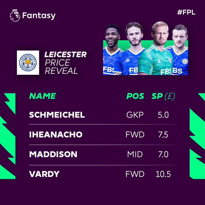 Fantasy Premier League price reveal: Kasper Schmeichel (£5.0), Kelechi Iheanacho (£7.5), Maddison (£7.0), Jamie Vardy (£10.5)