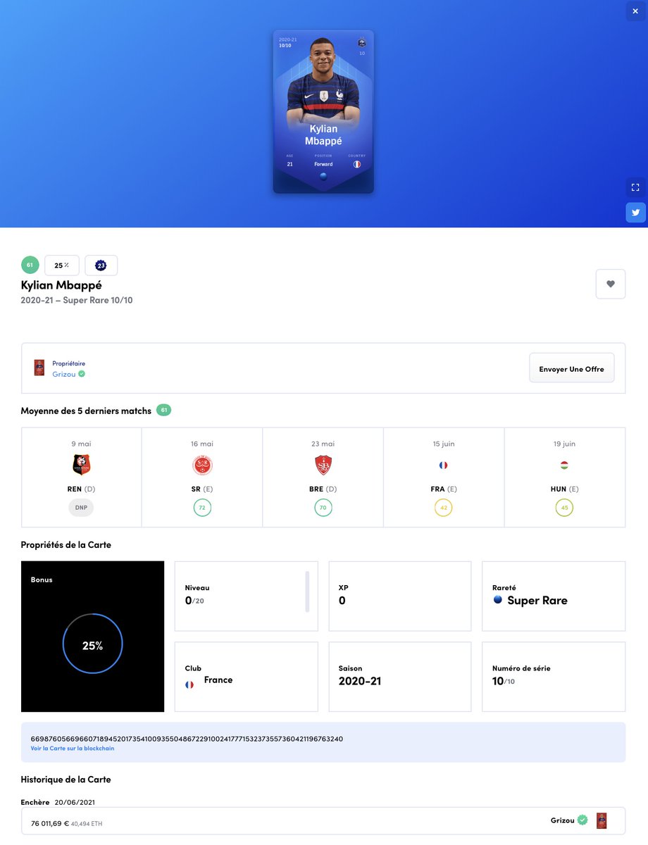 Notre <a href="/AntoGriezmann/">Antoine Griezmann</a> national continue sa razzia sur le jeu blockchain <a href="/SorareHQ/">Élie Yaffa</a> 

Après avoir acquis les cartes de @Dembouz (4890€), <a href="/jkeey4/">Jules Kounde</a> (8720€) et la sienne (32.700€), voici qu'on remarque qu'il a acheté hier une carte de <a href="/KMbappe/">Kylian Mbappé</a> pour 76.000€