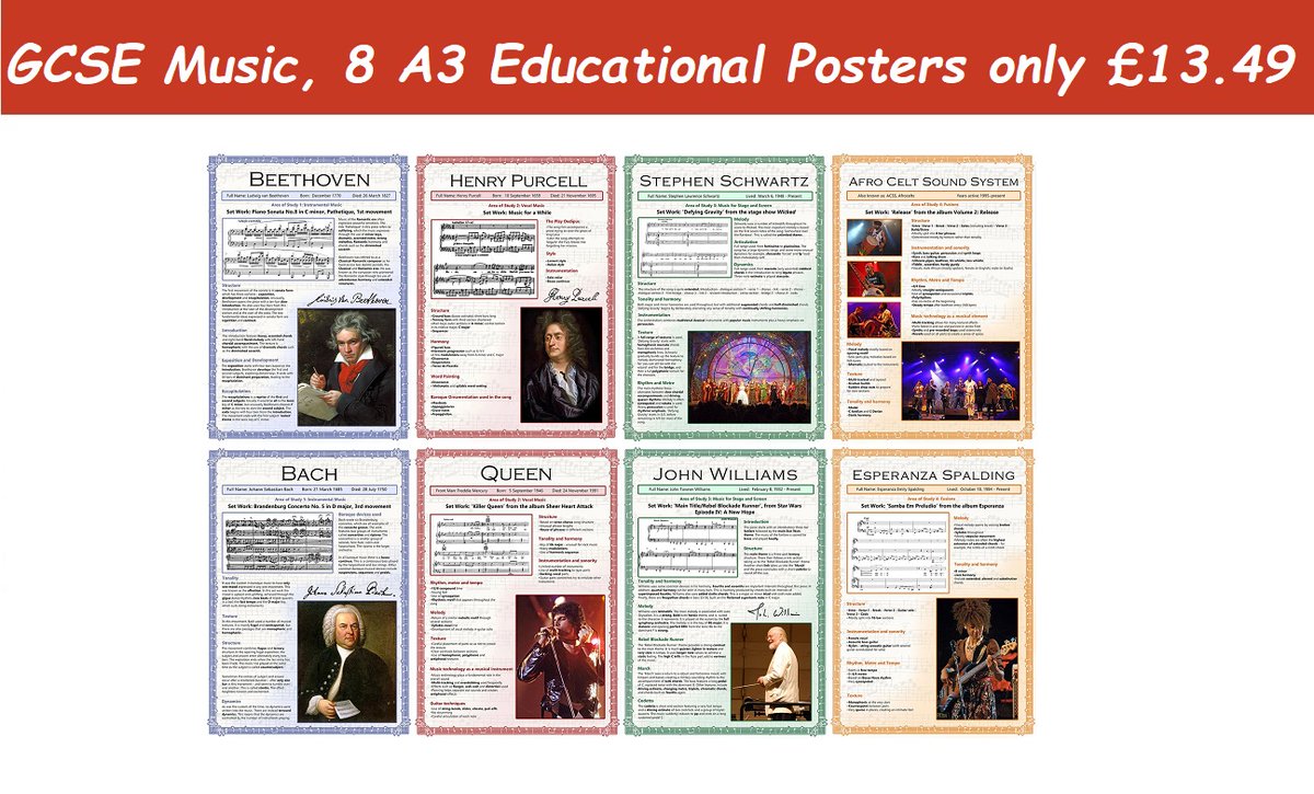 It's World Music Day today! Nurture budding musicians with this set of 8 A3 Educational Posters for GCSE Music...

#worldmusicday2021 #worldmusicday #beethoven #Purcell #bach #queen #gcse #gscemusic #educationmatters #teachingresources #teaching #classroomdisplay #classroomdecor