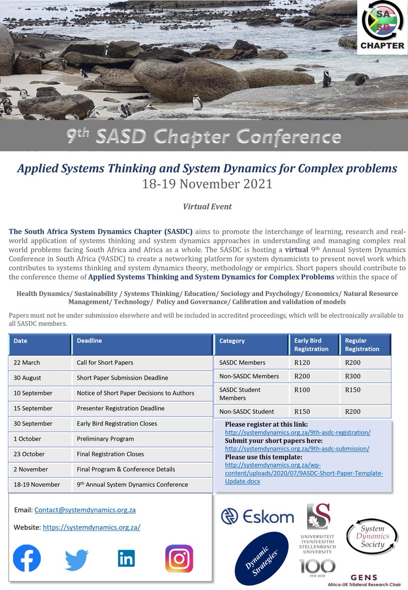 SaDynamics's tweet image. The SASDC is hosting a virtual 9th Annual System Dynamics Conference in South Africa (9ASDC) to create a networking platform for system dynamicists to present novel work that contributes to systems thinking and system dynamics theory, methodology, or empirics. See poster