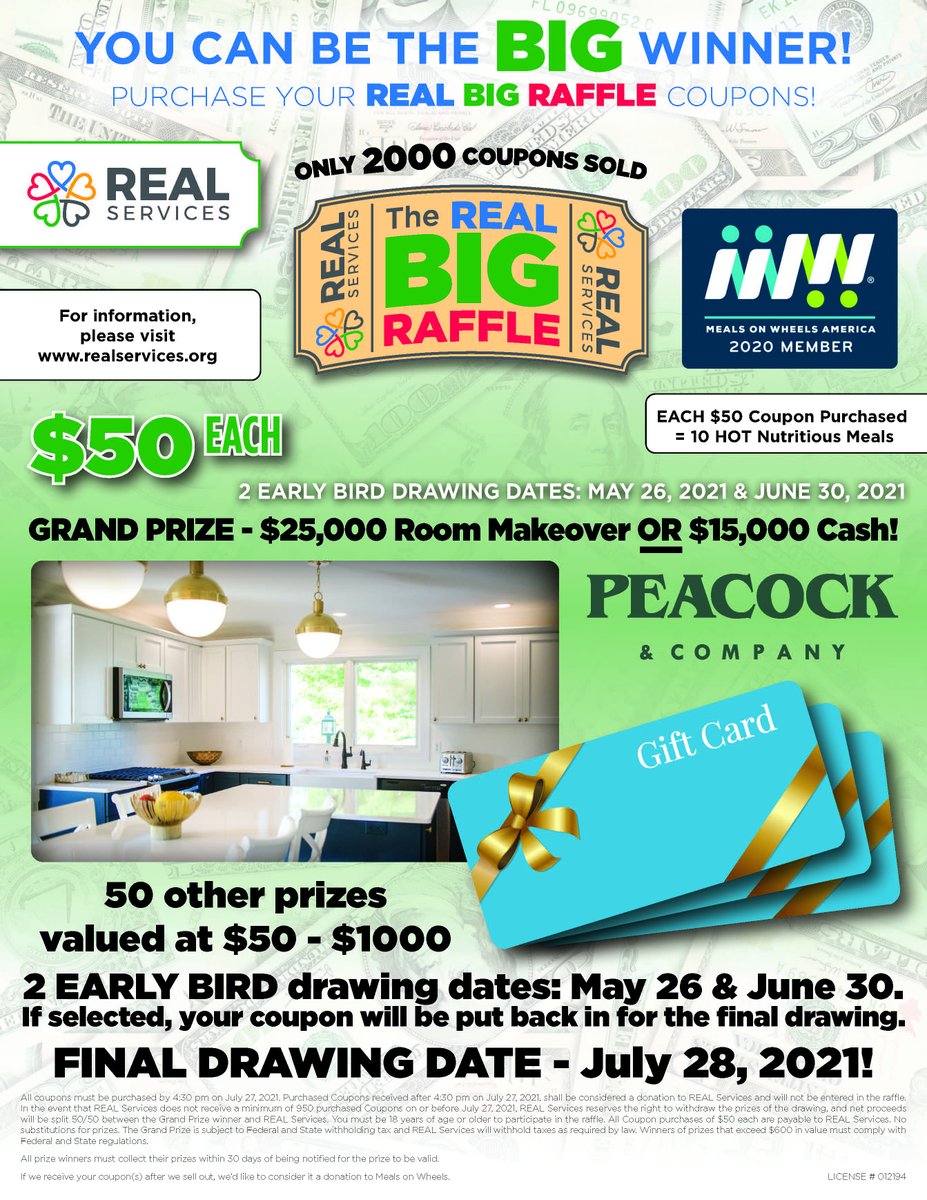 getREALServices's tweet photo. Thinking about entering the REAL BIG Raffle? Don’t wait too long! Coupons are almost sold out. YOU could be the winner of a $25,000 room makeover or $15,000 cash! Buy TODAY before we sell out! https://t.co/jnG91eOUZh