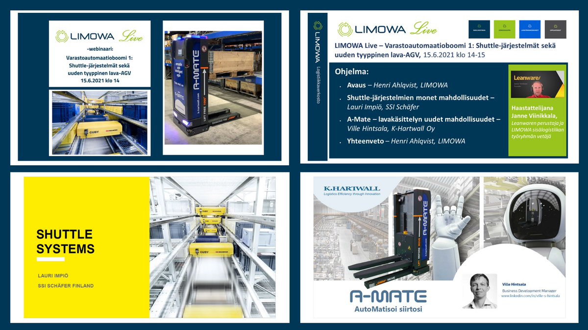 Tallenne webinaarista "Varastoautomaatioboomi 1. osa 15.6.2021: #Shuttle -järjestelmät sekä uuden tyyppinen lava- #AGV" on nyt katsottavissa: bit.ly/3iZ8nvJ

Puhumassa oli:

-Lauri Impiö, @ssischaefer_gp
-Ville Hintsala, <a href="/KHartwall/">K. Hartwall</a> 
-Janne Viinikkala, <a href="/LeanwareOy/">Leanware</a>