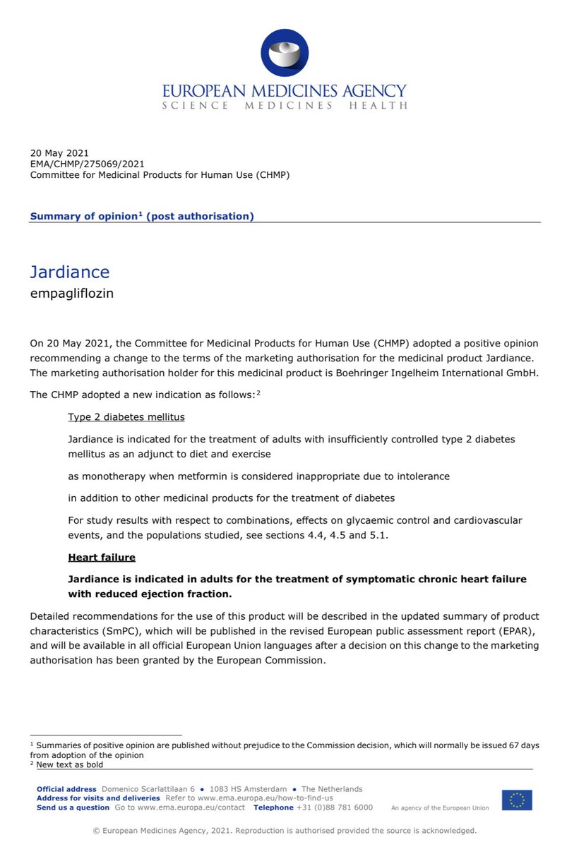 Alfonso Valle (@vallealfonso) on Twitter photo #Empa indicated in HFrEF via <a href="/EMA_News/">EU Medicines Agency</a>
⚠️Jardiance is indicated in adults for the treatment of symptomatic chronic heart failure with reduced ejection fraction
📂 ema.europa.eu/en/medicines/h… <a href="/secardiologia/">Soc Esp Cardiología</a> <a href="/IcyfaSemi/">@ICyFA-SEMI</a> #Empa indicated in HFrEF via <a href="/EMA_News/">EU Medicines Agency</a>
⚠️Jardiance is indicated in adults for the treatment of symptomatic chronic heart failure with reduced ejection fraction
📂 ema.europa.eu/en/medicines/h… <a href="/secardiologia/">Soc Esp Cardiología</a> <a href="/IcyfaSemi/">@ICyFA-SEMI</a>