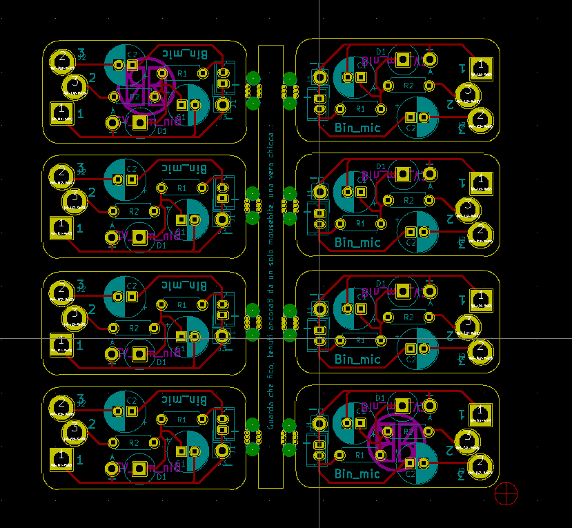 Chihauccilconte's tweet photo. PCB panelization like there's no tomorrow, I even included a message in there. designed with KiCAD + FreeCAD (for the edge cuts) a #PCB #panelization #electronics #kicad #freecad #design #binaural #binauralmic #binauralsound https://t.co/MwQdHTyi06