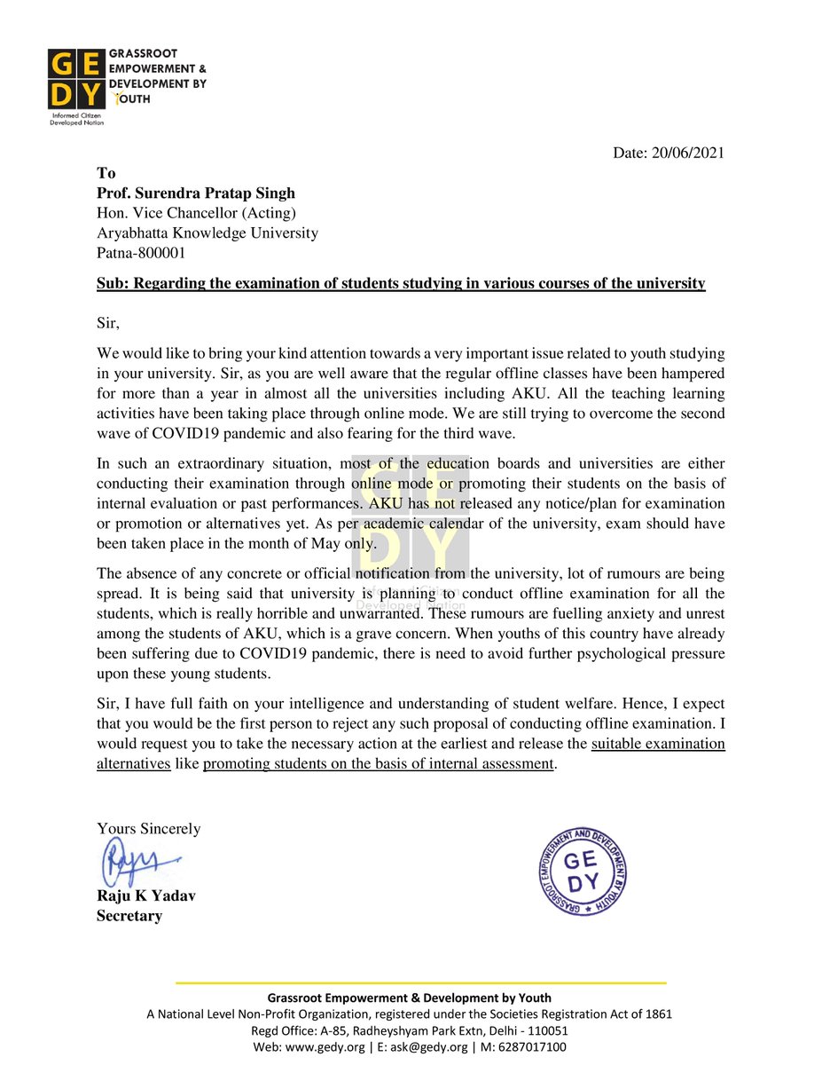 gedyindia's tweet photo. Letter to the Hon. Vice Chancellor of #AryabhattaKnowledgeUniversity, expressing concern abt anxiety and stress amng students and requesting to take necessary and immediate action rgrdng exams. Stdnts of this varsity hv been running #Twitter campaign #aku_promote_bihar_engineers https://t.co/cT1ppBLov3