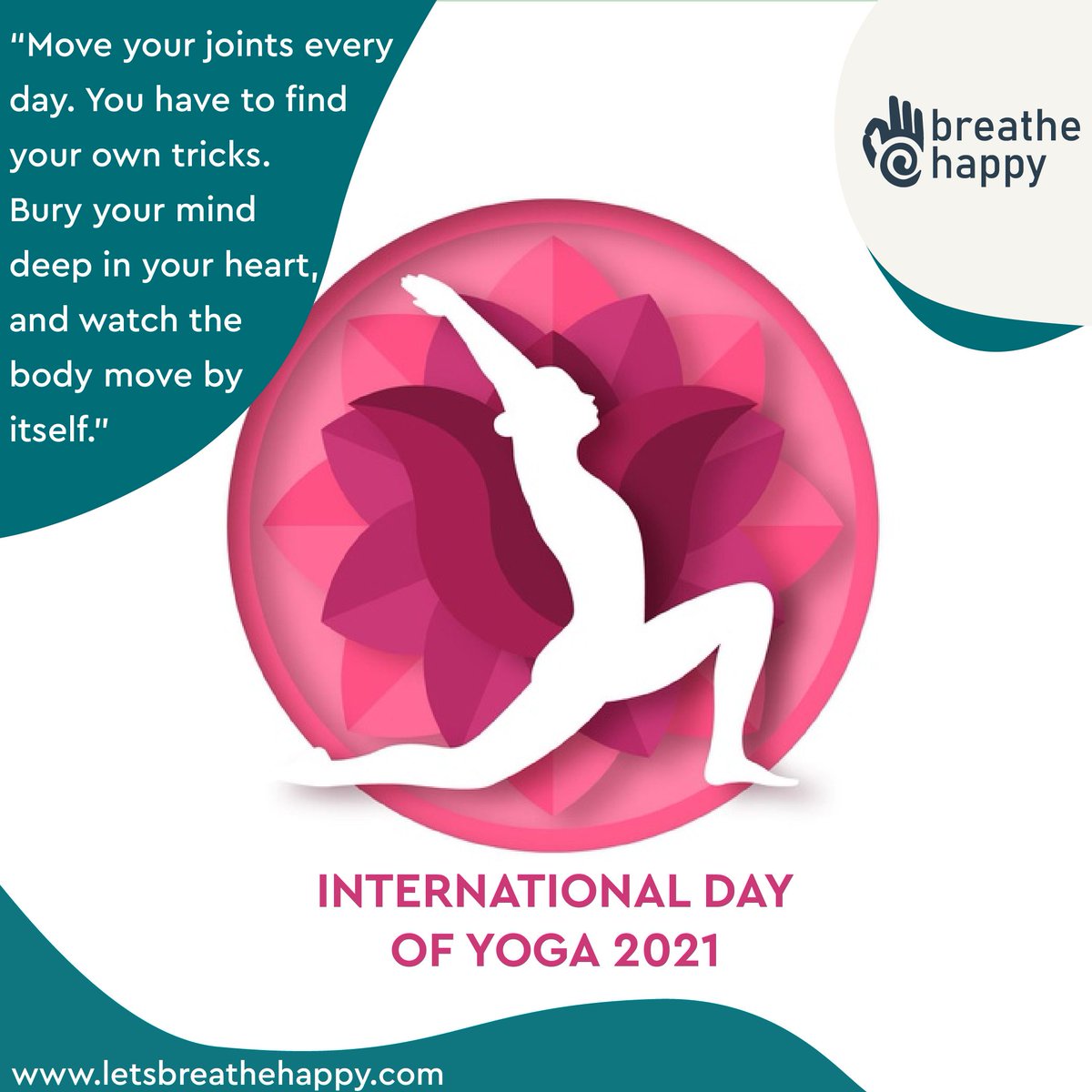 “Move your joints every day. You have to find your own tricks. Bury your mind deep in your heart, and watch the body move by itself.”  - Sri Dharma Mittra
International Day Of Yoga 2021.
.
.
.
.
.
#letsbreathehappy #breathehappy #yogaday #internationalyogaday #internationalyoga