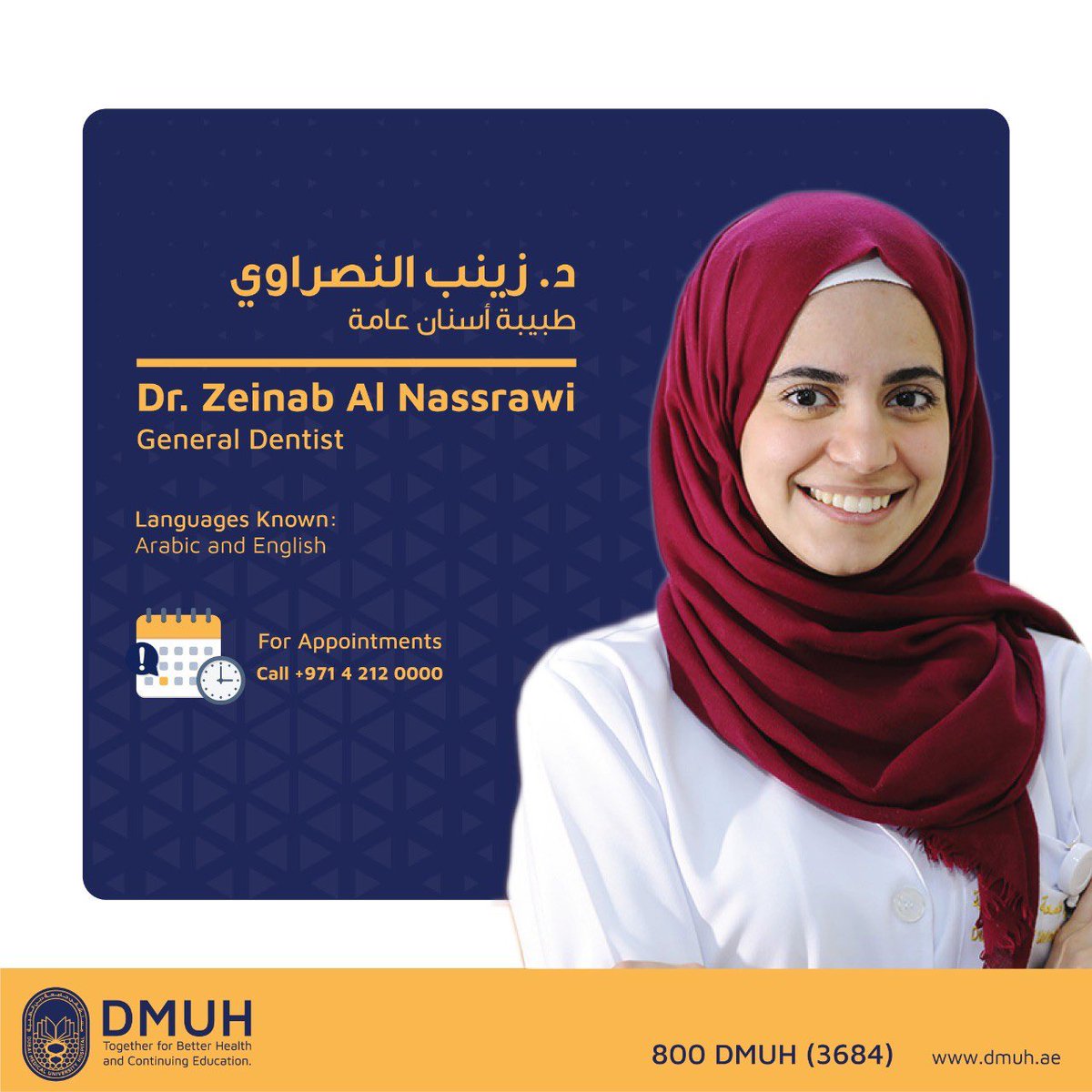 dmuhospital's tweet photo. Consult Dr Zeinab Al Nassrawi, General Dentist Dubai Medical University Hospital for all your Dental needs. For more information or to book an appointment call: 800 DMUH (3684) or (+971)42120000.

 #dentist #teethwhitening #teethcleaning #dmuh #Doctor https://t.co/WkGFVSyI3c
